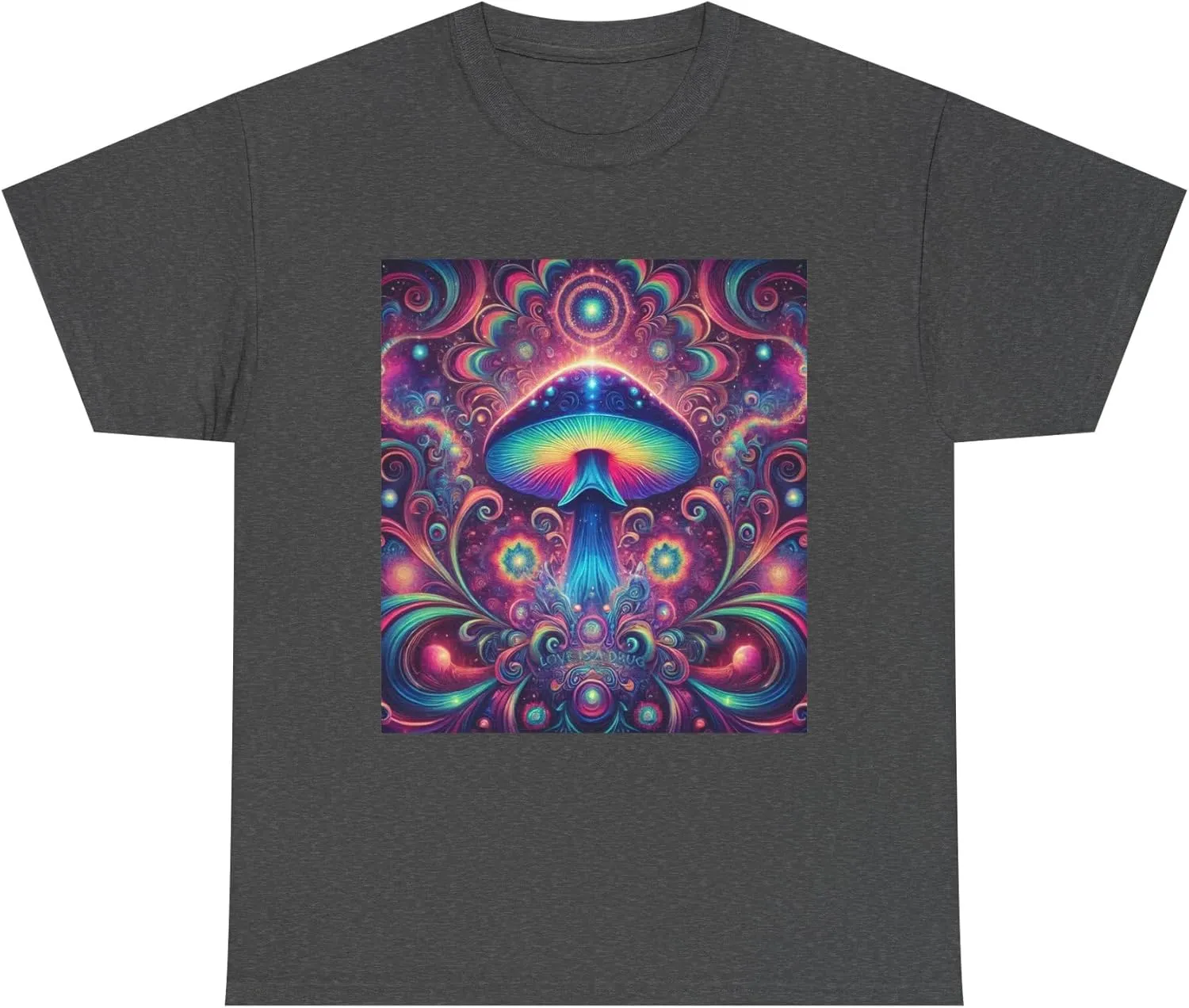 Psychedelic Cosmic Mushroom Tee - Unisex Heavy Cotton Shirt, Boho Style, Festival Wear, Unique Graphic T-Shirt, Eclectic Dark Heather