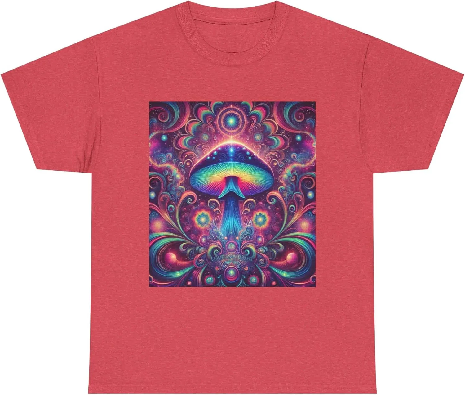 Psychedelic Cosmic Mushroom Tee - Unisex Heavy Cotton Shirt, Boho Style, Festival Wear, Unique Graphic T-Shirt, Eclectic Heather Red