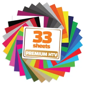 PU Heat Transfer Vinyl 10"x12"-33Sheets 33Colors HTV Assorted Bundle/Variety Pack Adhesive Iron-On T-Shirts Compatible with Cricut Silhouette Cameo Heat Press Machine Easy to Weed Cut
