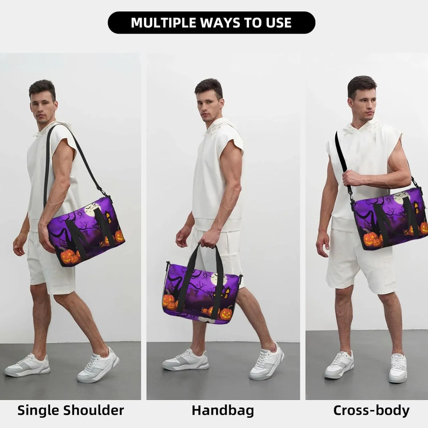 Pumpkins Castle Travel Duffel Bags for Women Men, Sports Training Gym Bag Dance Bag with Adjustable Shoulder Strap Halloween Purple Night Weekender Overnight Bag