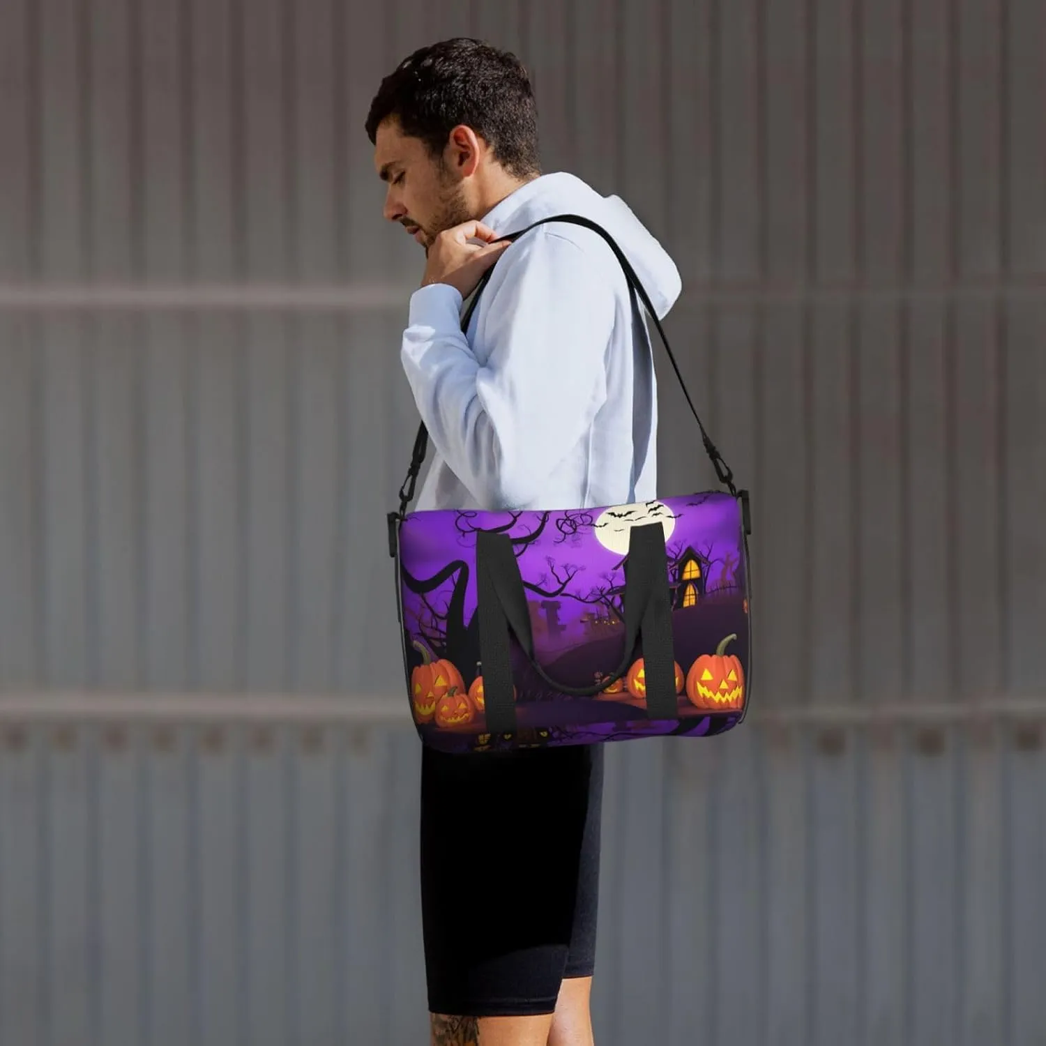 Pumpkins Castle Travel Duffel Bags for Women Men, Sports Training Gym Bag Dance Bag with Adjustable Shoulder Strap Halloween Purple Night Weekender Overnight Bag