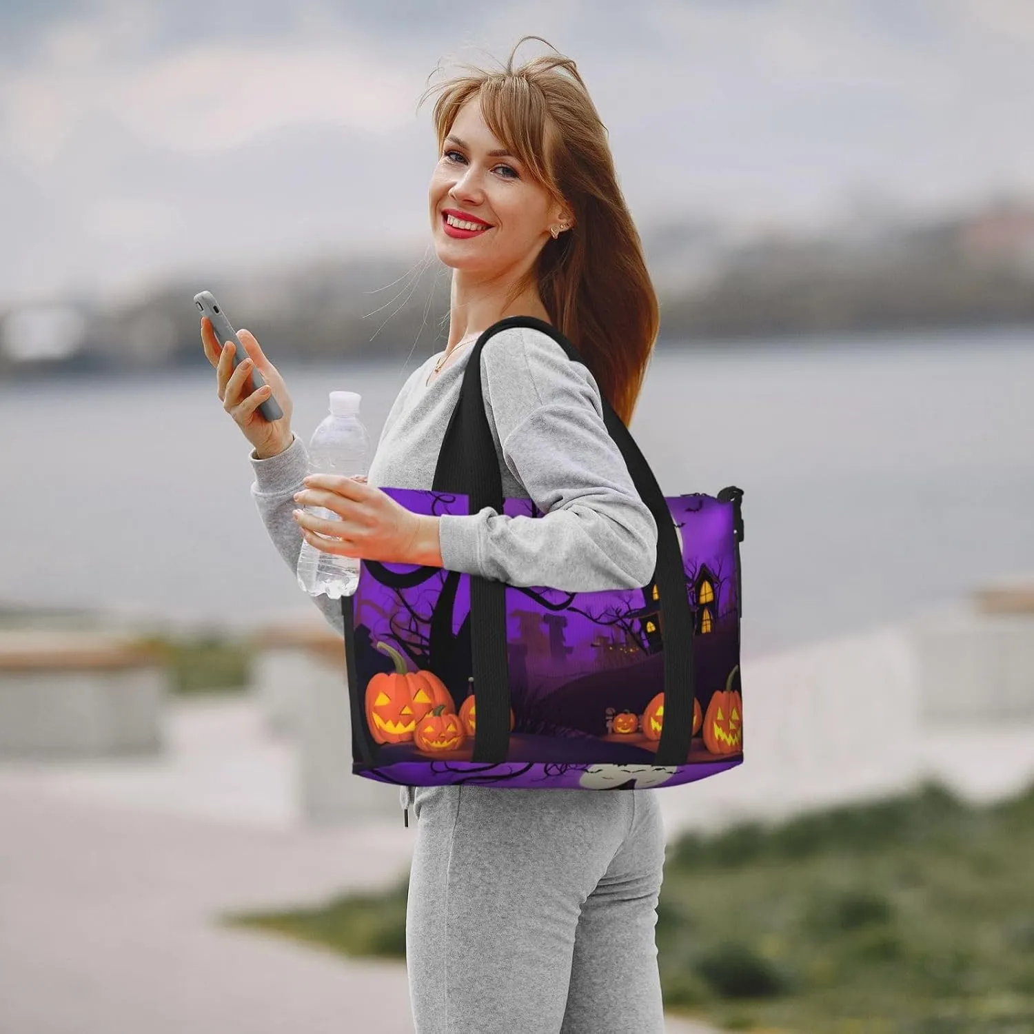 Pumpkins Castle Travel Duffel Bags for Women Men, Sports Training Gym Bag Dance Bag with Adjustable Shoulder Strap Halloween Purple Night Weekender Overnight Bag