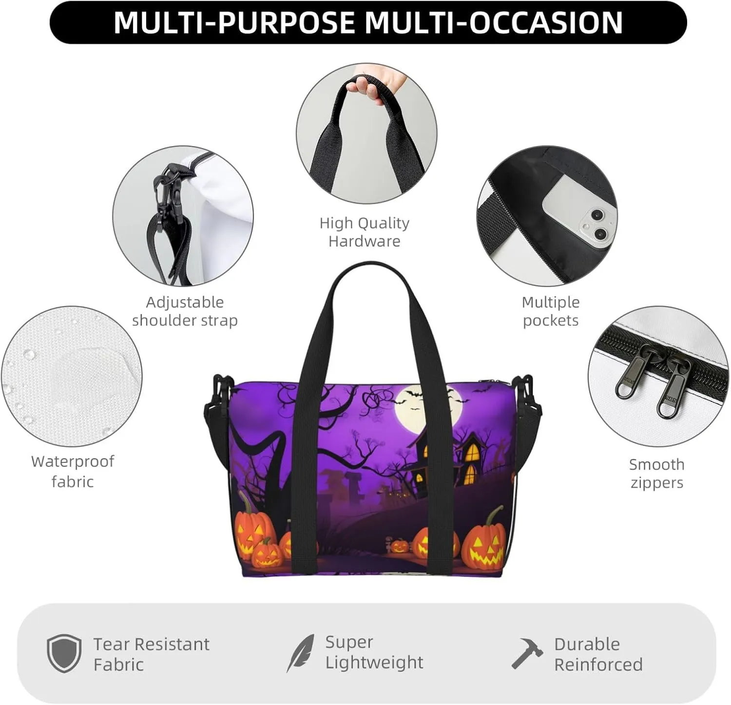 Pumpkins Castle Travel Duffel Bags for Women Men, Sports Training Gym Bag Dance Bag with Adjustable Shoulder Strap Halloween Purple Night Weekender Overnight Bag