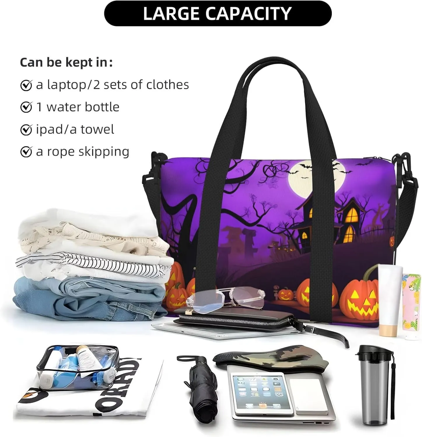 Pumpkins Castle Travel Duffel Bags for Women Men, Sports Training Gym Bag Dance Bag with Adjustable Shoulder Strap Halloween Purple Night Weekender Overnight Bag