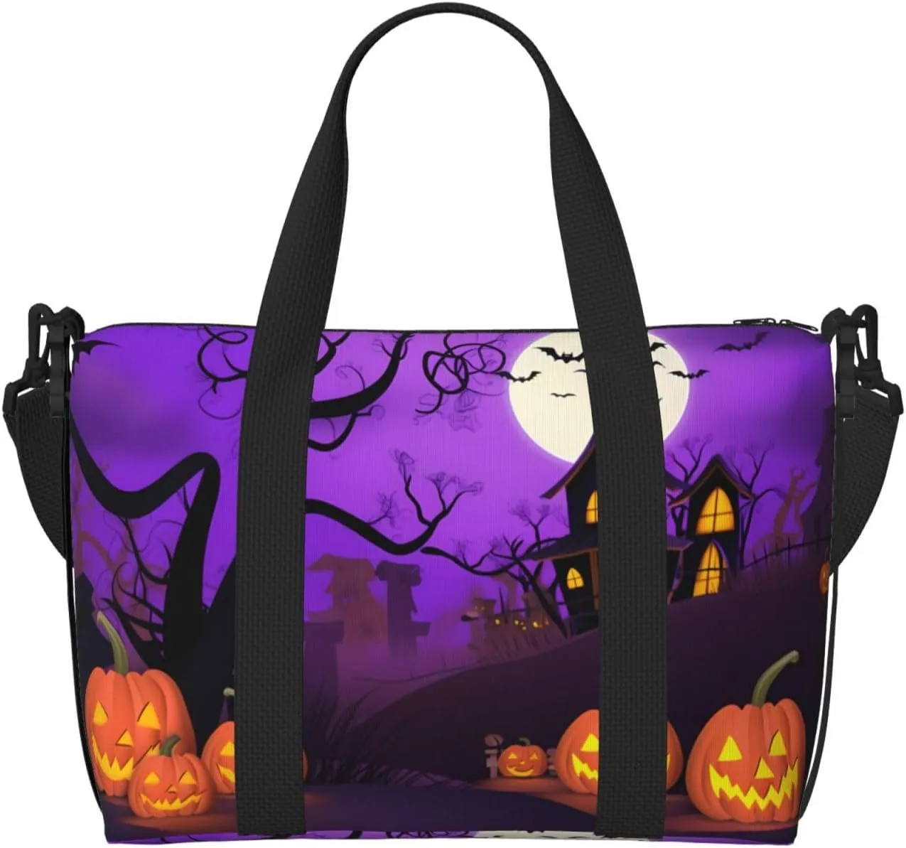 Pumpkins Castle Travel Duffel Bags for Women Men, Sports Training Gym Bag Dance Bag with Adjustable Shoulder Strap Halloween Purple Night Weekender Overnight Bag