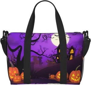 Pumpkins Castle Travel Duffel Bags for Women Men, Sports Training Gym Bag Dance Bag with Adjustable Shoulder Strap Halloween Purple Night Weekender Overnight Bag