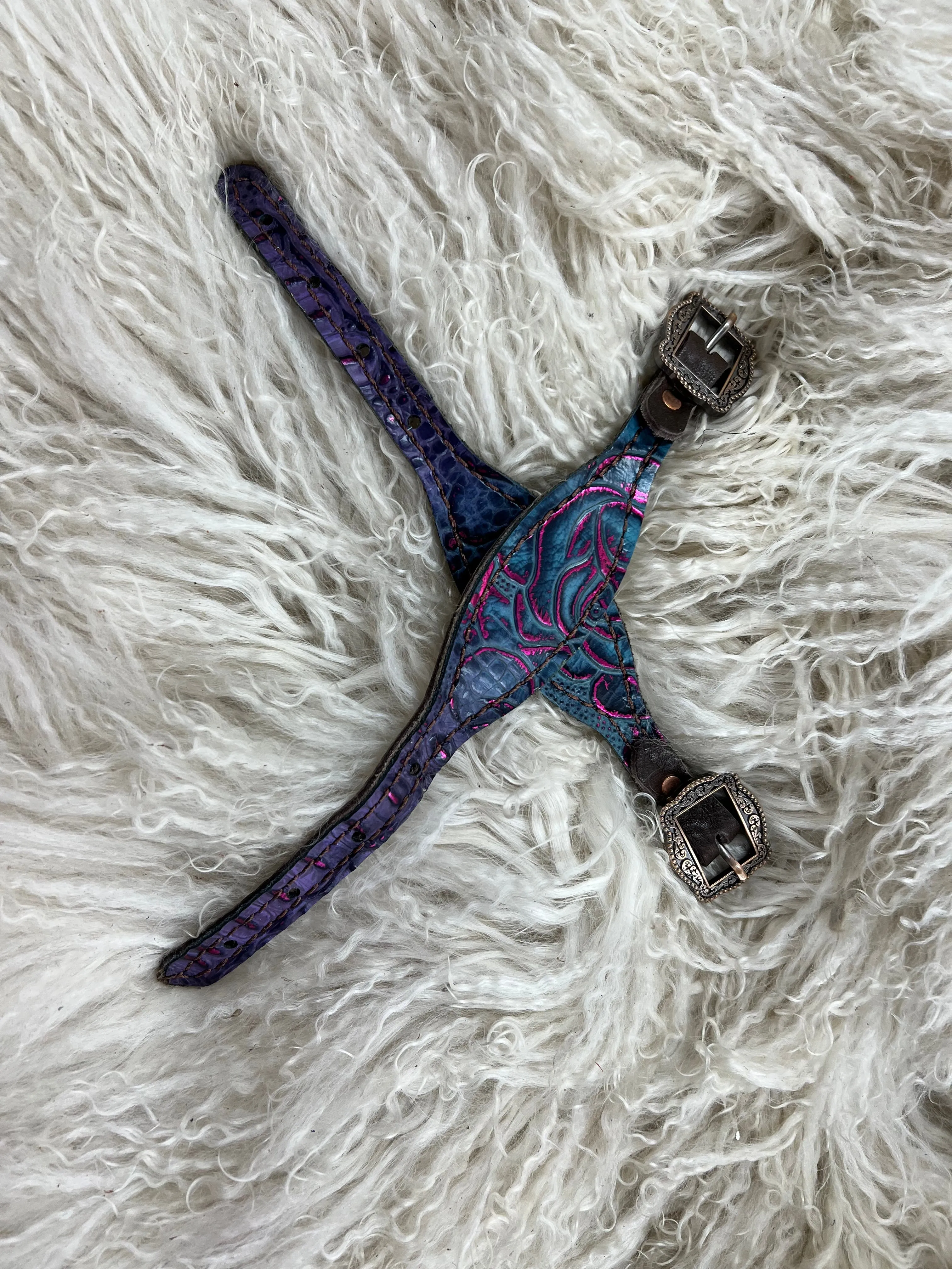 Purple and teal with pink gator and floral on dark leather