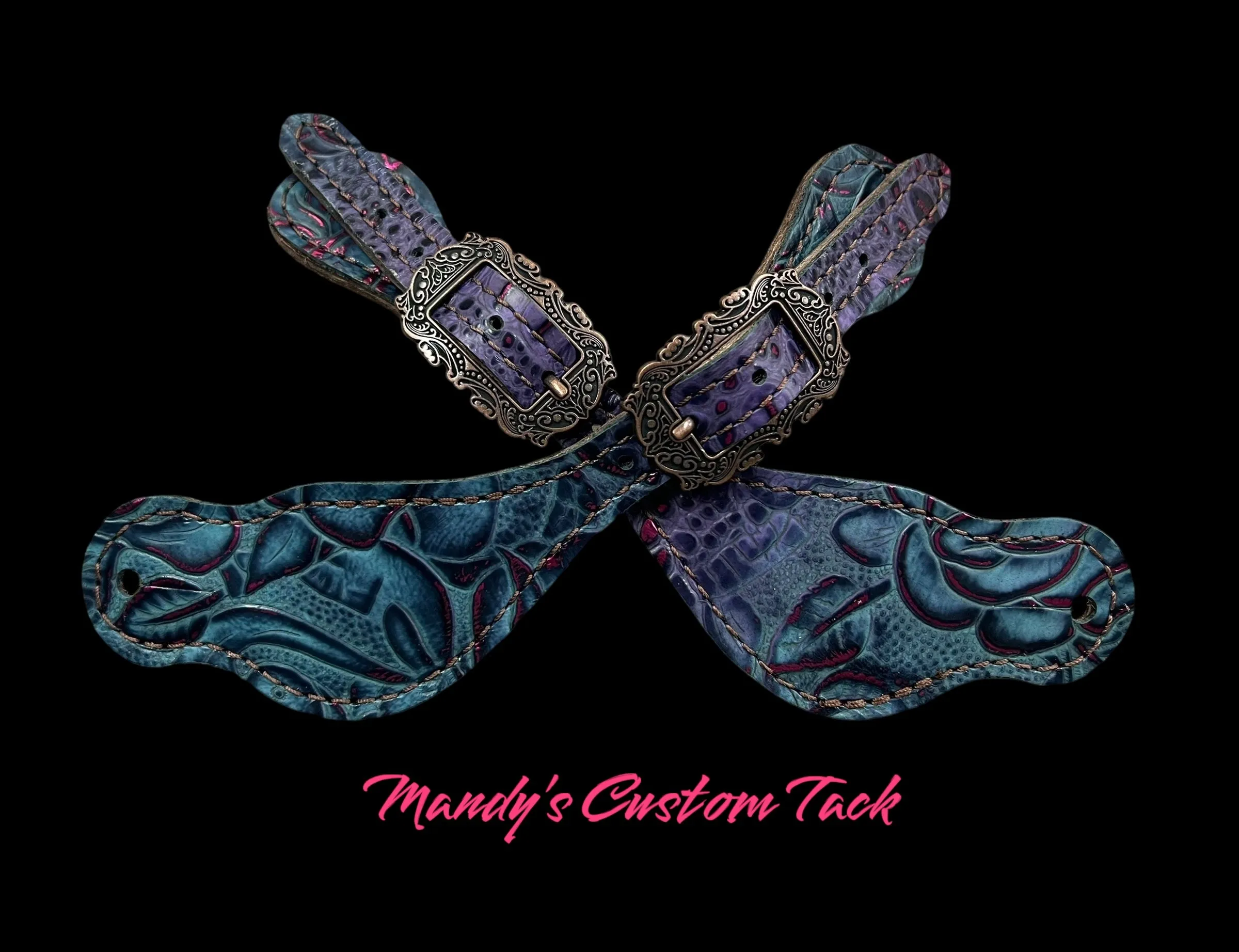 Purple and teal with pink gator and floral on dark leather