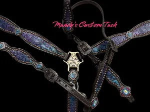 Purple and teal with pink gator and floral on dark leather