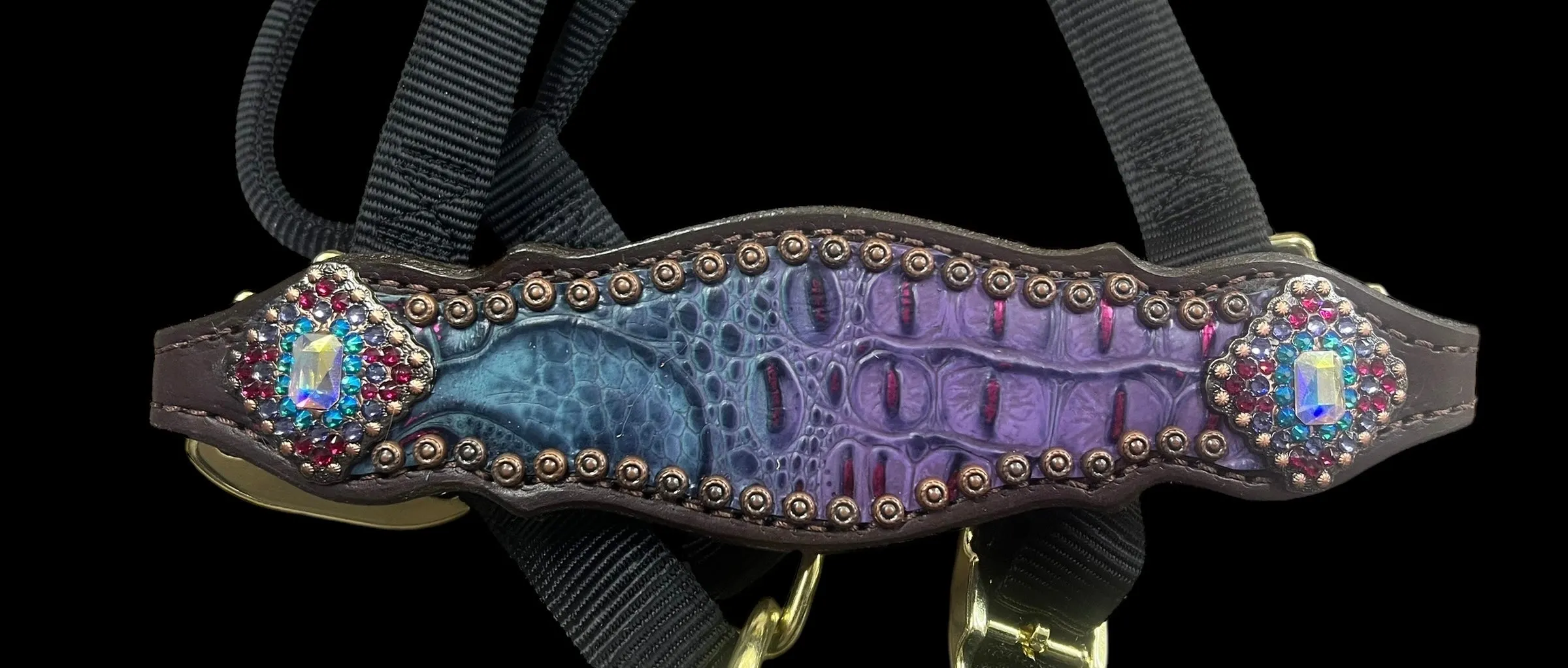 Purple and teal with pink gator and floral on dark leather