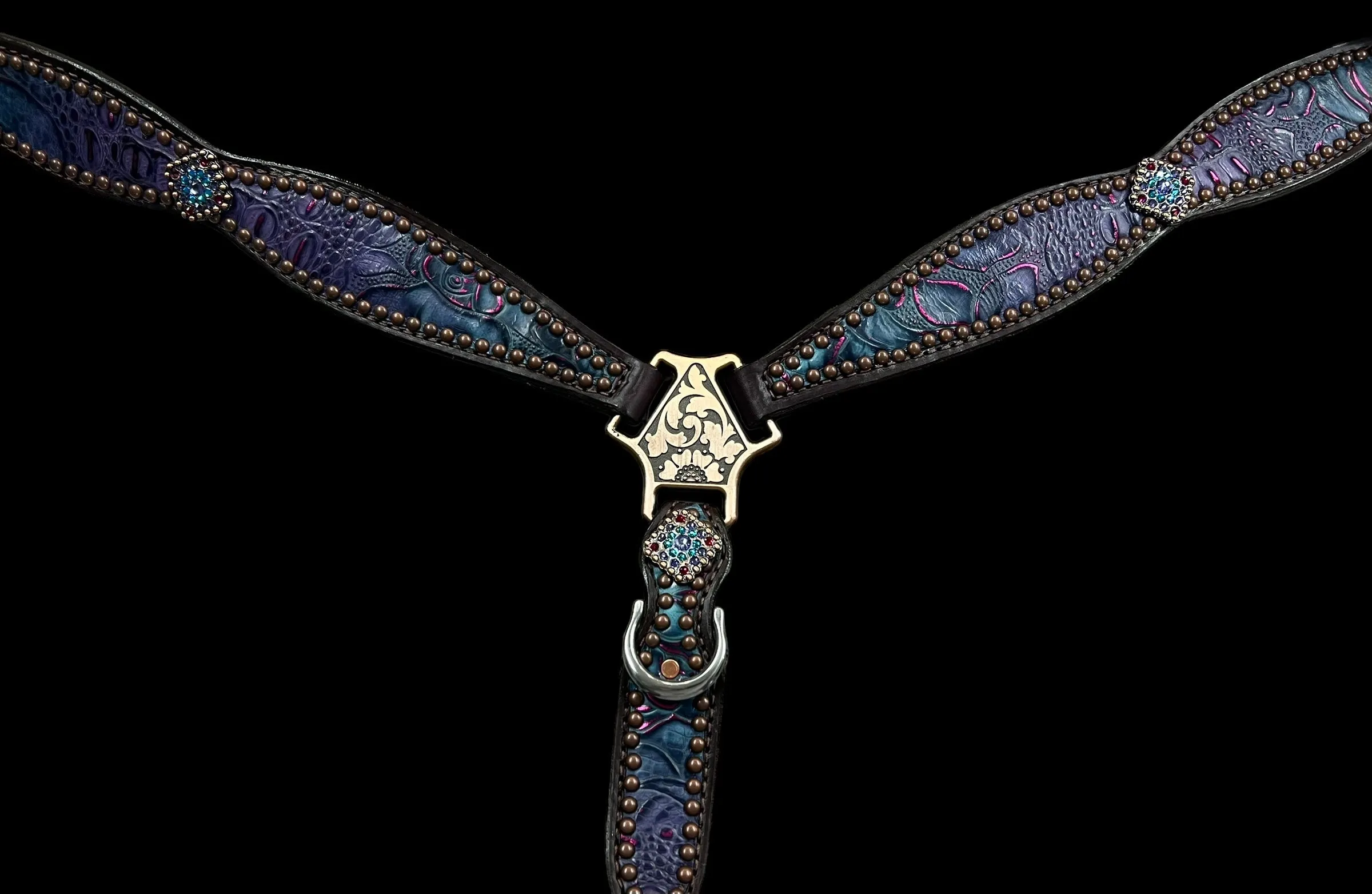 Purple and teal with pink gator and floral on dark leather