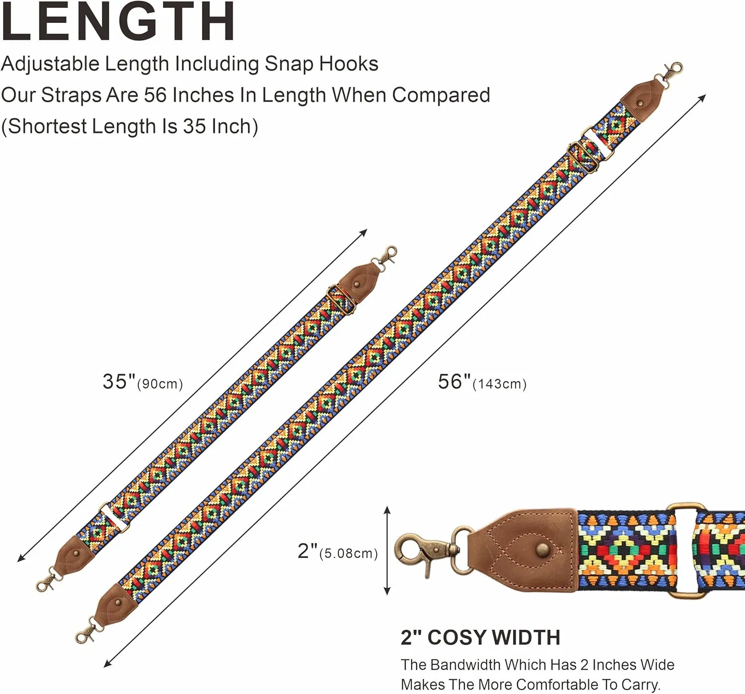 Purse Strap-2"Crazy Horse Leather Wide Shoulder Strap Adjustable Replacement,Jacquard Embroidery Bag Straps