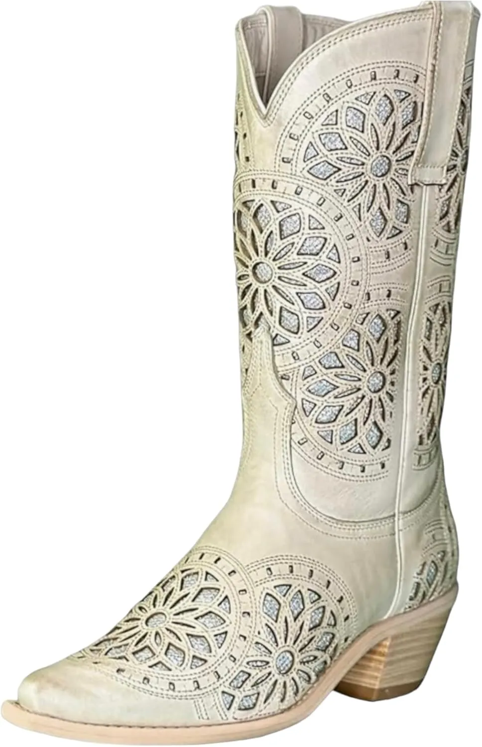 QUEEN USA TEXAS Women's Western Cowboy Pointed Toe Mid Calf Pull On Tabs Leather Boots