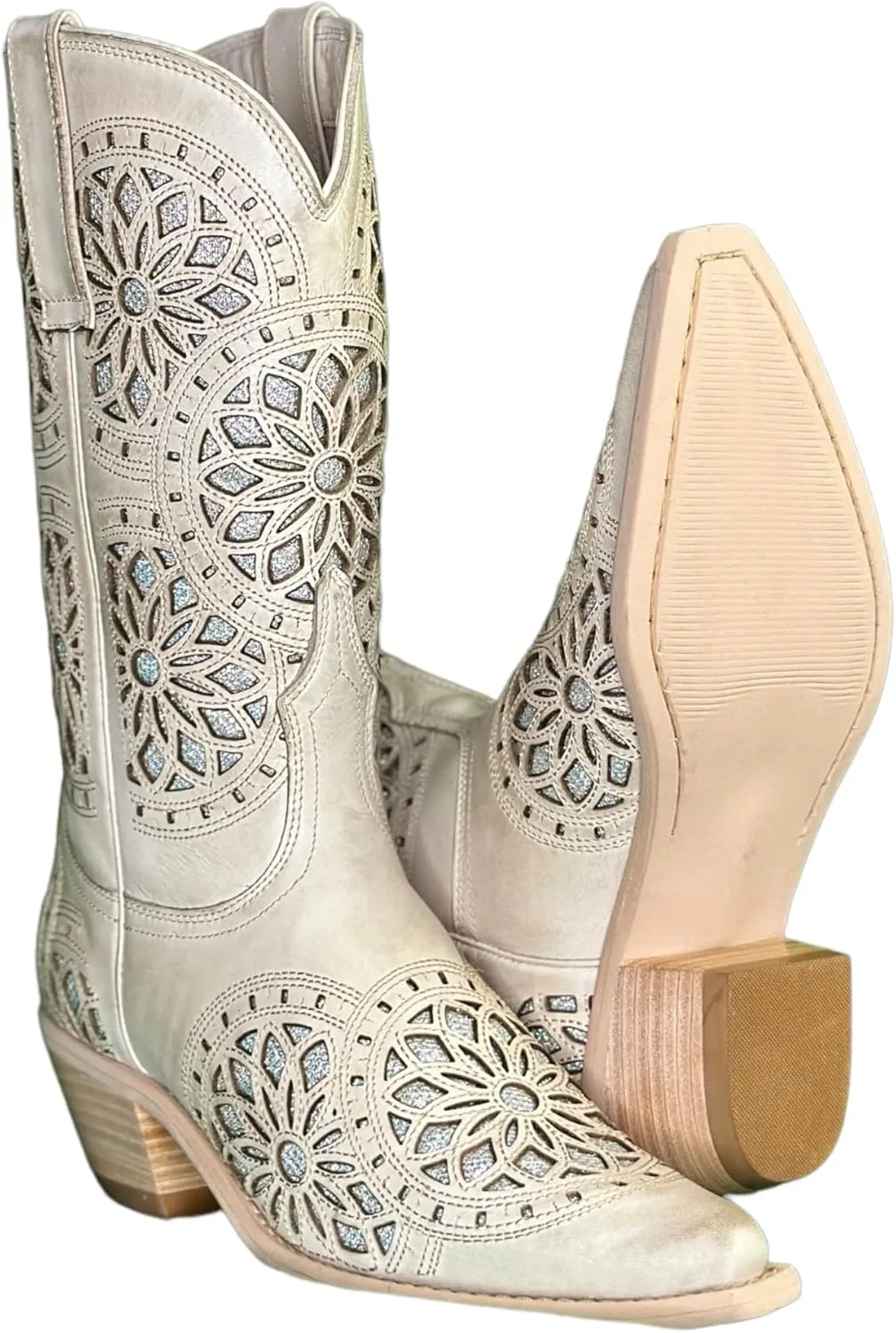 QUEEN USA TEXAS Women's Western Cowboy Pointed Toe Mid Calf Pull On Tabs Leather Boots