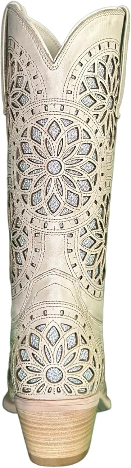 QUEEN USA TEXAS Women's Western Cowboy Pointed Toe Mid Calf Pull On Tabs Leather Boots