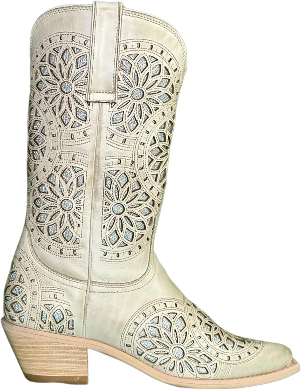 QUEEN USA TEXAS Women's Western Cowboy Pointed Toe Mid Calf Pull On Tabs Leather Boots