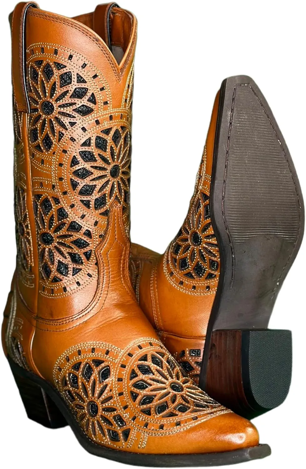 QUEEN USA TEXAS Women's Western Cowboy Pointed Toe Mid Calf Pull On Tabs Leather Boots