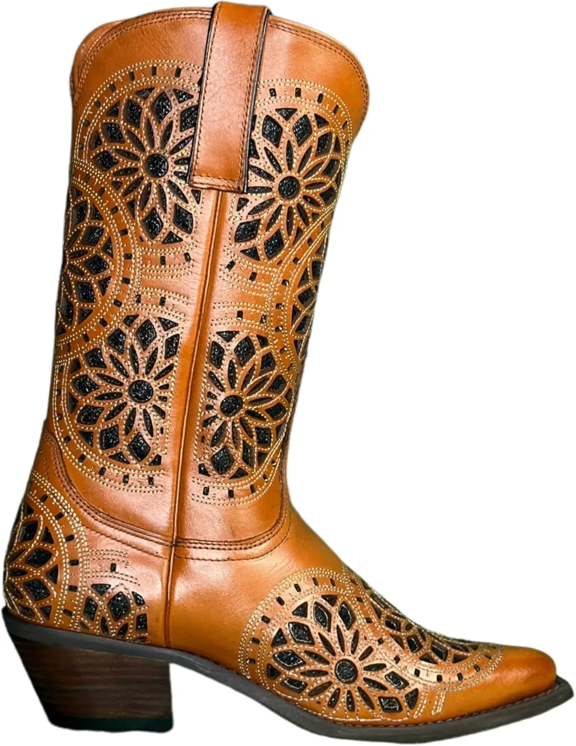 QUEEN USA TEXAS Women's Western Cowboy Pointed Toe Mid Calf Pull On Tabs Leather Boots