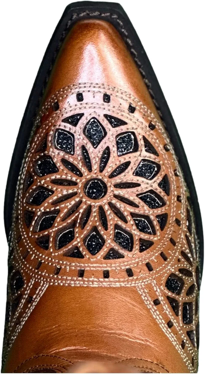 QUEEN USA TEXAS Women's Western Cowboy Pointed Toe Mid Calf Pull On Tabs Leather Boots