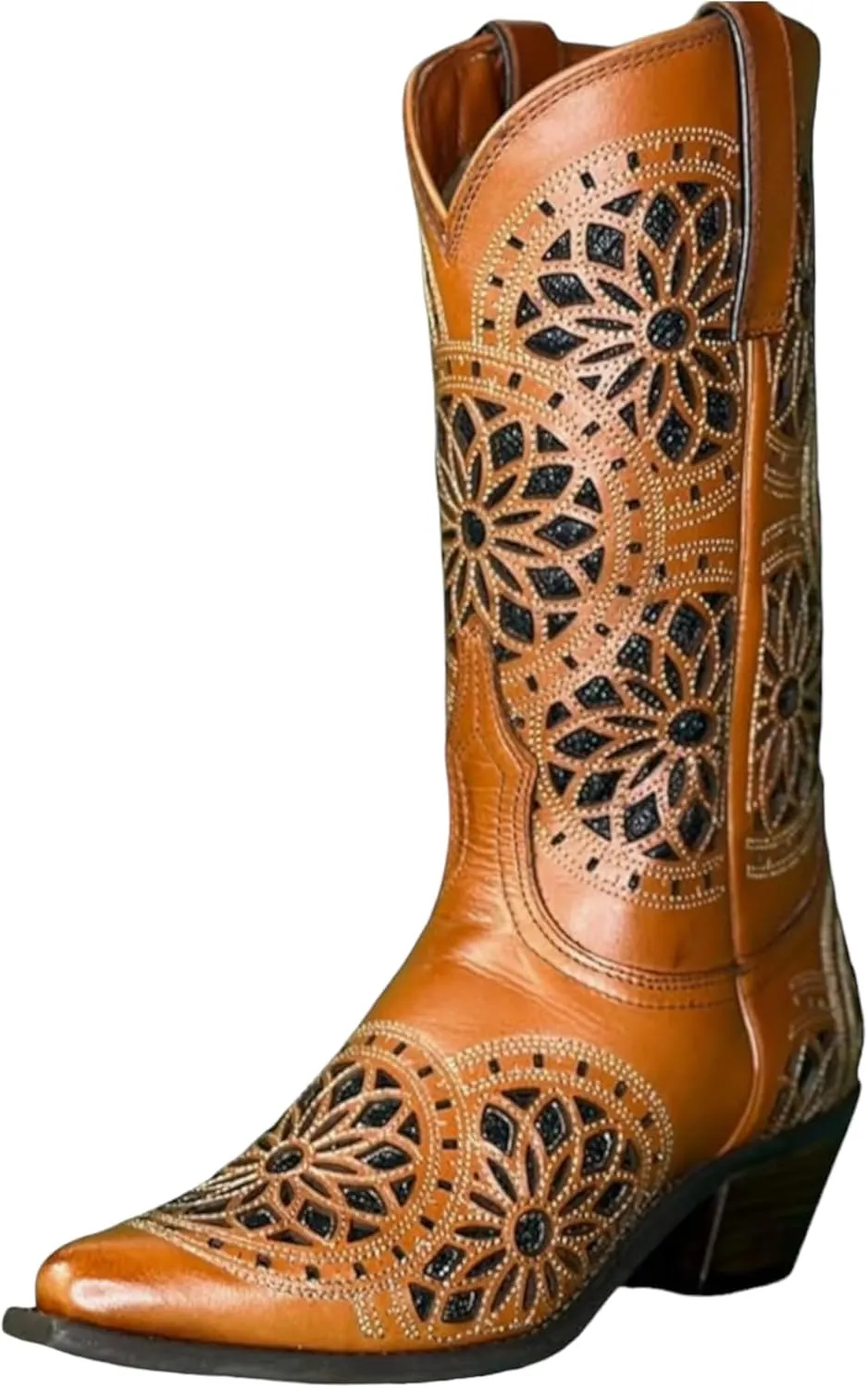 QUEEN USA TEXAS Women's Western Cowboy Pointed Toe Mid Calf Pull On Tabs Leather Boots