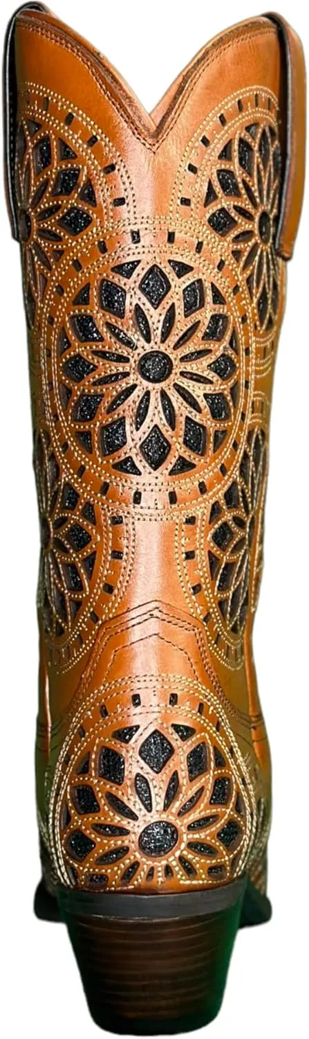 QUEEN USA TEXAS Women's Western Cowboy Pointed Toe Mid Calf Pull On Tabs Leather Boots