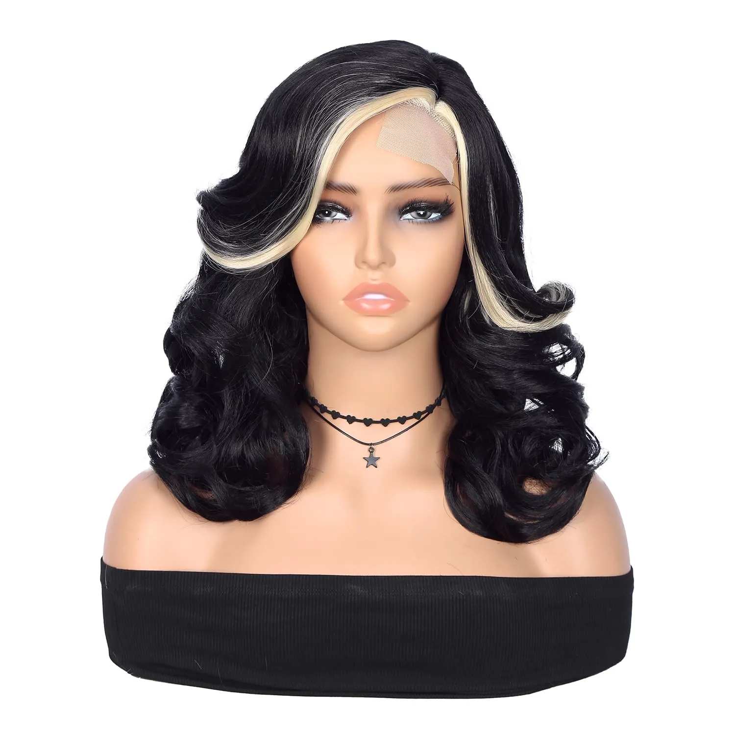Quick Short Wavy Bob Style Wig with Side Part - Curly Wavy Body Wave, Glueless Lace Part Synthetic Wig, Shoulder Length, Black with Highlight Blonde (16 Inch)