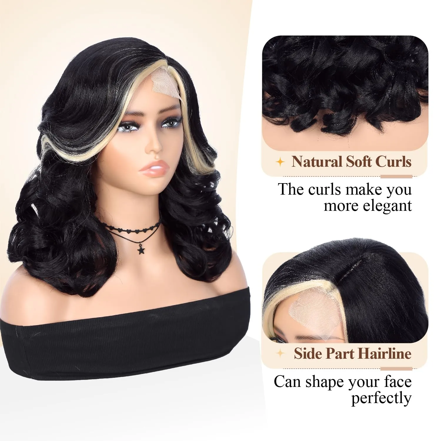 Quick Short Wavy Bob Style Wig with Side Part - Curly Wavy Body Wave, Glueless Lace Part Synthetic Wig, Shoulder Length, Black with Highlight Blonde (16 Inch)