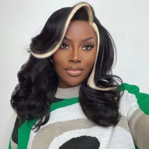 Quick Short Wavy Bob Style Wig with Side Part - Curly Wavy Body Wave, Glueless Lace Part Synthetic Wig, Shoulder Length, Black with Highlight Blonde (16 Inch)