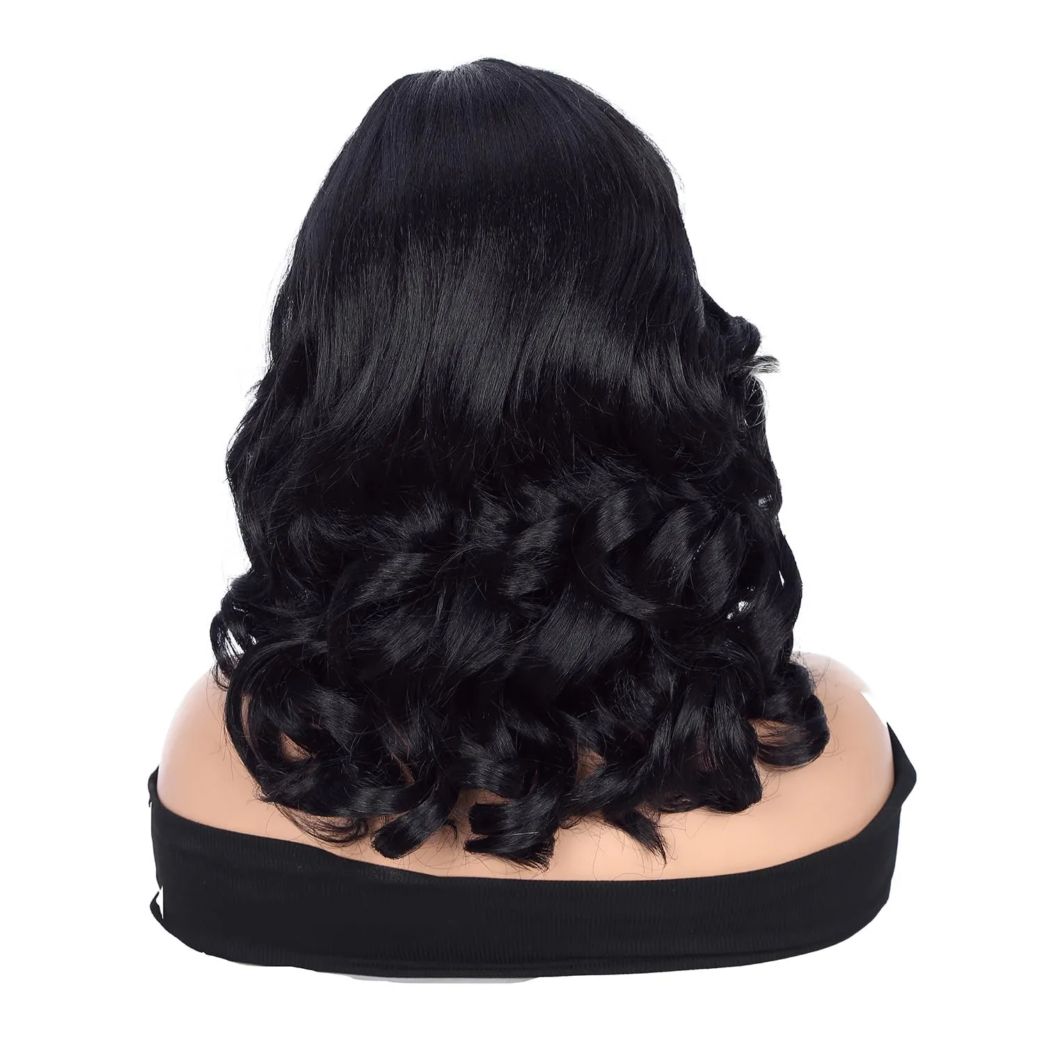 Quick Short Wavy Bob Style Wig with Side Part - Curly Wavy Body Wave, Glueless Lace Part Synthetic Wig, Shoulder Length, Black with Highlight Blonde (16 Inch)