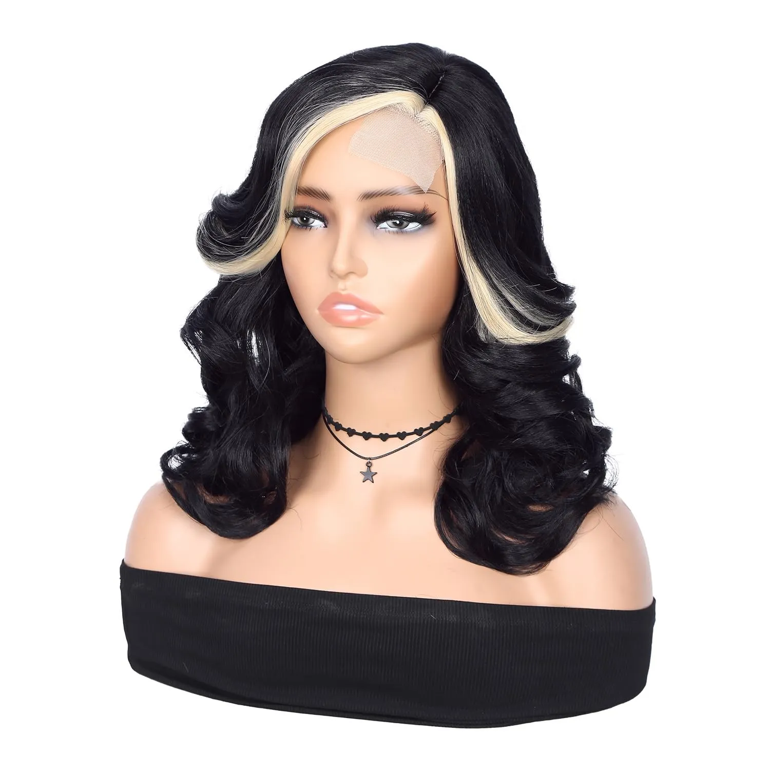 Quick Short Wavy Bob Style Wig with Side Part - Curly Wavy Body Wave, Glueless Lace Part Synthetic Wig, Shoulder Length, Black with Highlight Blonde (16 Inch)