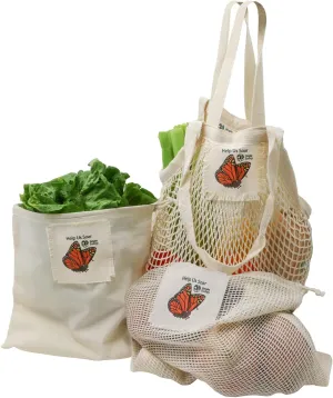 "Help Us Soar" Simple Ecology Organic Cotton Reusable Monarch Butterfly Gift & Starter Set (string produce saver bags, food storage, bulk bin, with tare weight tag and drawstring, waste free)