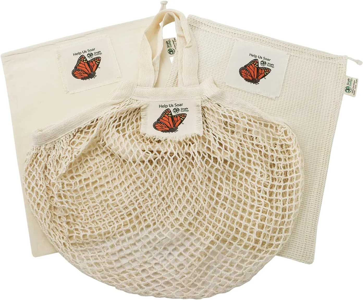 "Help Us Soar" Simple Ecology Organic Cotton Reusable Monarch Butterfly Gift & Starter Set (string produce saver bags, food storage, bulk bin, with tare weight tag and drawstring, waste free)