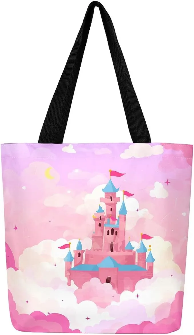 Rainbow Castle Canvas Tote Bag Castle Dreamy Themed Canvas Bags
