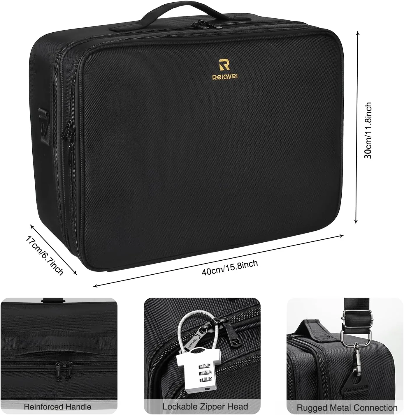 Relavel Large Makeup Organizer Profession Makeup Bag Extra Large Makeup Case with Adjustable Dividers, Adjustable Angle Fixed Belt and Shoulder Strap Plastic Dividers