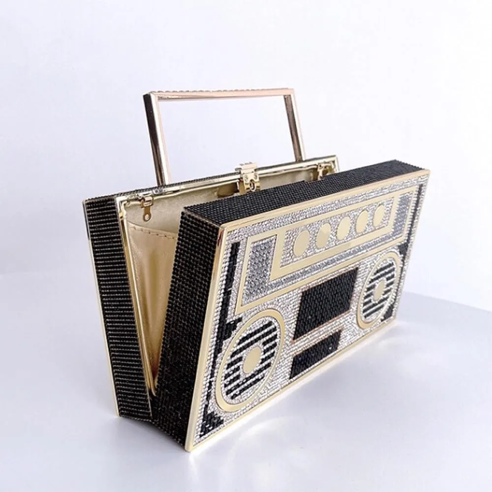 Retro Shoulder Handbag Unique Purse Bride Purse Rhinestone Clutch Purses for Women Bling Purse Diamond Purse Radio Black