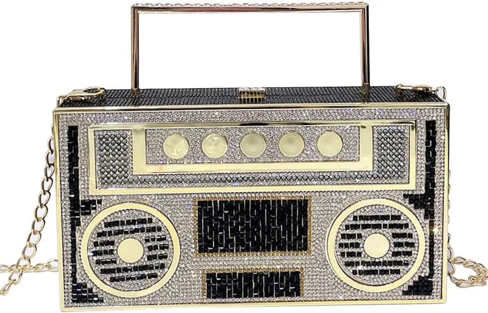 Retro Shoulder Handbag Unique Purse Bride Purse Rhinestone Clutch Purses for Women Bling Purse Diamond Purse Radio Black