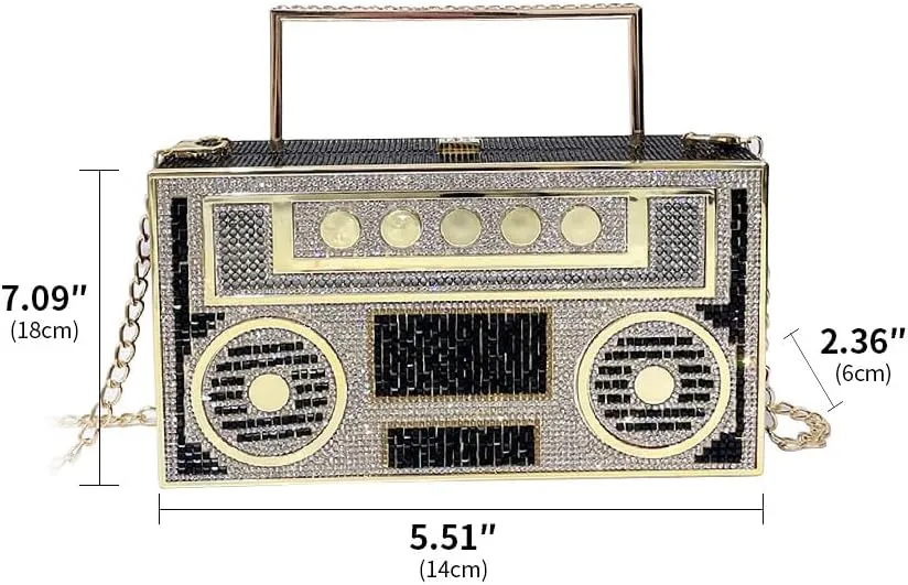 Retro Shoulder Handbag Unique Purse Bride Purse Rhinestone Clutch Purses for Women Bling Purse Diamond Purse Radio Black