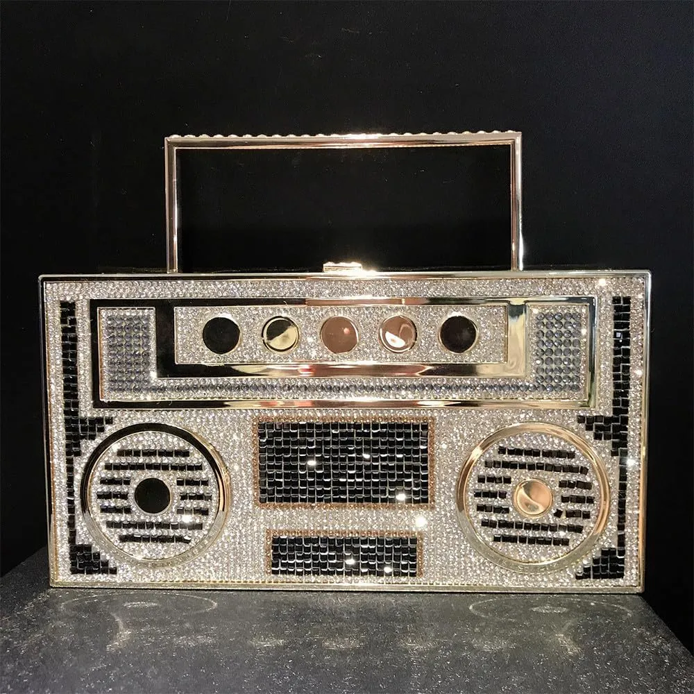 Retro Shoulder Handbag Unique Purse Bride Purse Rhinestone Clutch Purses for Women Bling Purse Diamond Purse Radio Black