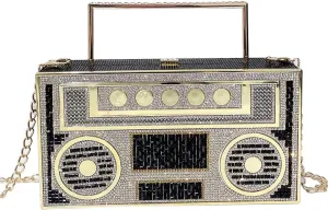 Retro Shoulder Handbag Unique Purse Bride Purse Rhinestone Clutch Purses for Women Bling Purse Diamond Purse Radio Black