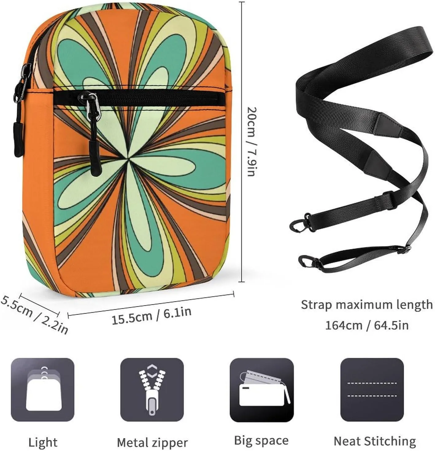 Retro Spring Hippie Flower Power Light Crossbody Bag Small Shoulder Bag Waterproof, Lightweight And Convenient
