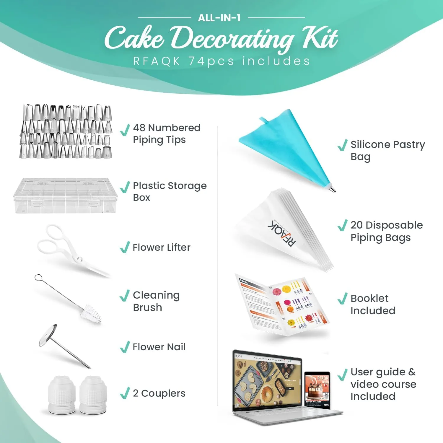 RFAQK 74 PCs Icing Piping Bags and Tips Set, Cake Decorating Kit with 48-Numbered Piping Tips, 20 1 Pastry Bags for Cookie Cupcake Cake Decoration, Cake Decorating Tips Set with Booklet and E-book