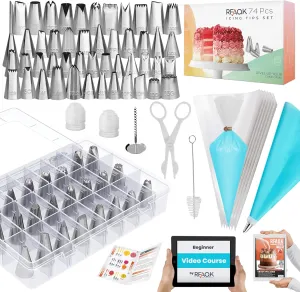 RFAQK 74 PCs Icing Piping Bags and Tips Set, Cake Decorating Kit with 48-Numbered Piping Tips, 20 1 Pastry Bags for Cookie Cupcake Cake Decoration, Cake Decorating Tips Set with Booklet and E-book