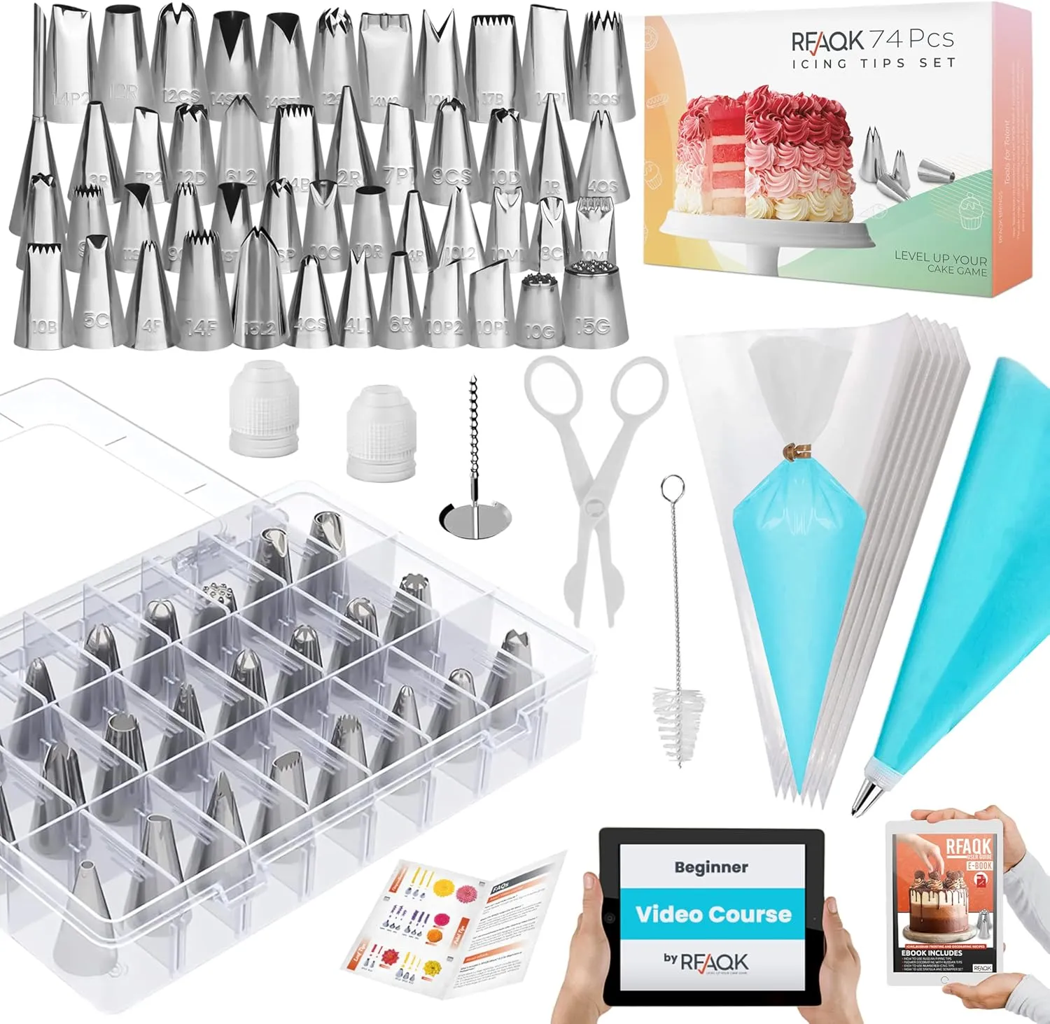 RFAQK 74 PCs Icing Piping Bags and Tips Set, Cake Decorating Kit with 48-Numbered Piping Tips, 20 1 Pastry Bags for Cookie Cupcake Cake Decoration, Cake Decorating Tips Set with Booklet and E-book