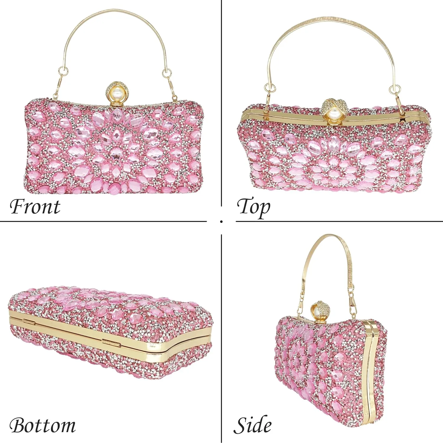 Rhinestone Clutch Purses for Women Evening Wedding Formal - Round Pearl Clasp Handbag - Crystal Diamond Bag