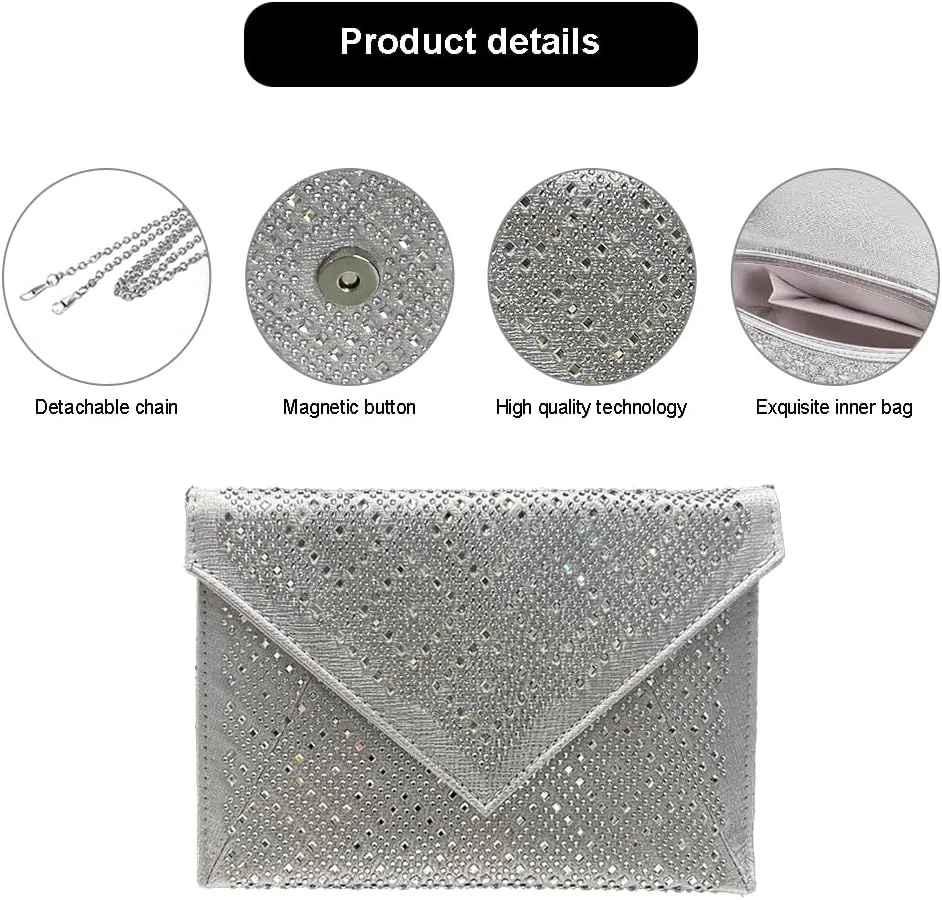 Rhinestone Evening Bag Crystal Bling Purse Sparkly Diamond Clutch Handbag Crossbody Bag for Women Party Club Wedding Prom