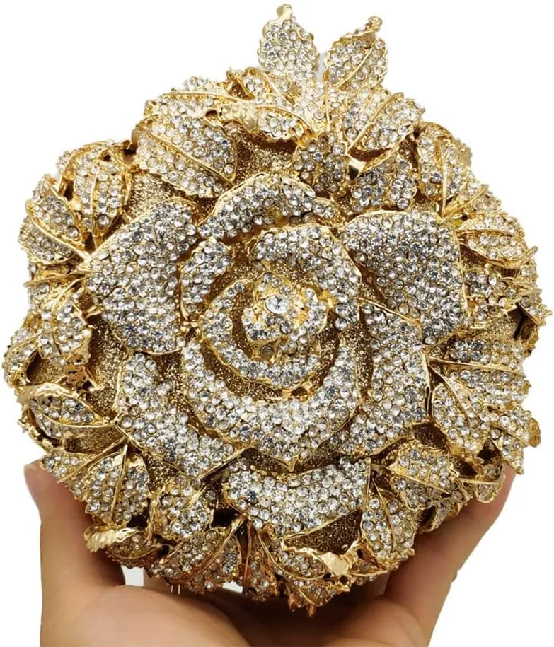 Rhinestone Rose Evening Clutch for Women Diamond Flower Cocktail Handbag Prom Party Shoulder Purse