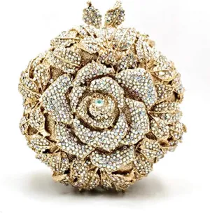 Rhinestone Rose Evening Clutch for Women Diamond Flower Cocktail Handbag Prom Party Shoulder Purse