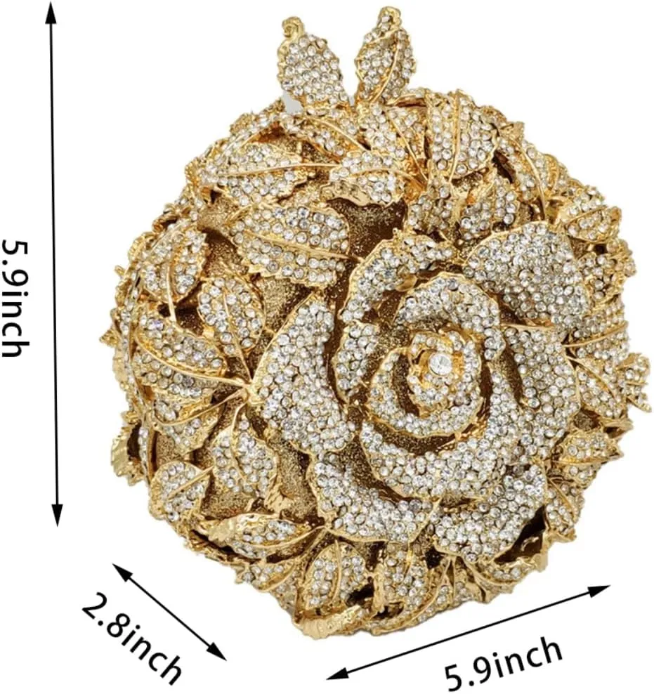 Rhinestone Rose Evening Clutch for Women Diamond Flower Cocktail Handbag Prom Party Shoulder Purse
