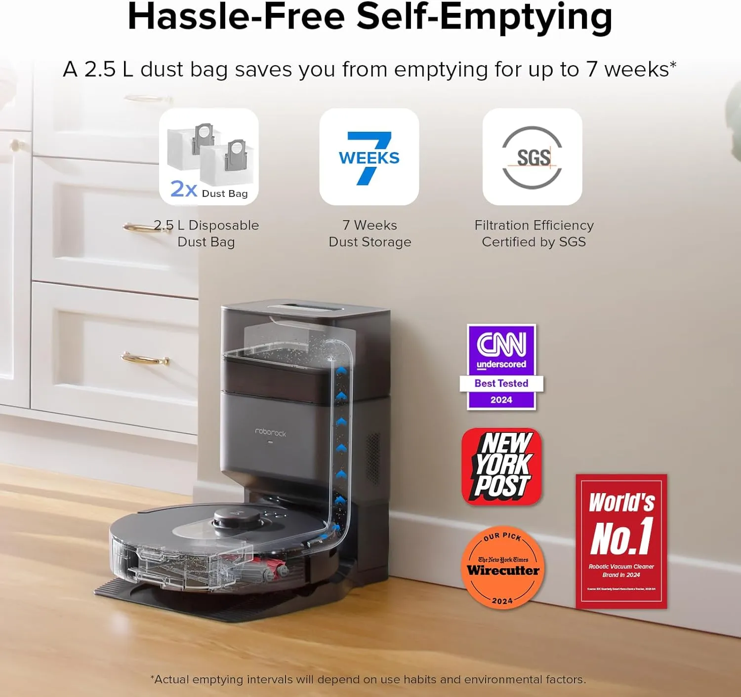 roborock Q5 Max  Robot Vacuum with Self-Empty Dock, Upgraded from Q5 , 5500 Pa Suction, DuoRoller Brush, Hands-Free Cleaning for up to 7 Weeks, PreciSense LiDAR Navigation, App & Voice Control