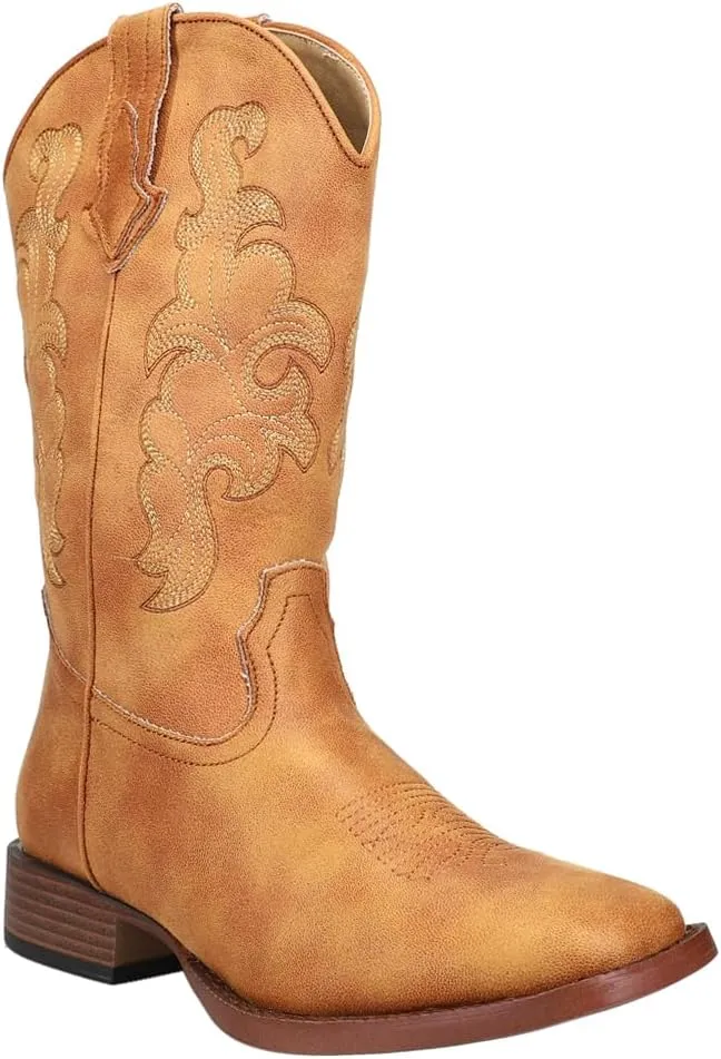 ROPER Womens Classic Embroidery Square Toe Casual Boots Mid Calf Low Heel 1-2" - Brown